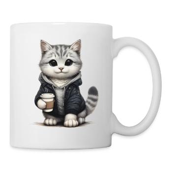 Cute little cat with coffee mug and jacket - Mug - white - Right