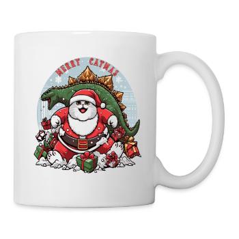 Fat cat as Santa and dinosaur destroying presents, - Mug - white - Right