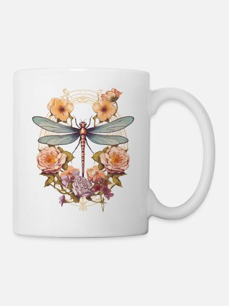 Jugendstil - Libelle und Blumen - Tasse - Weiß