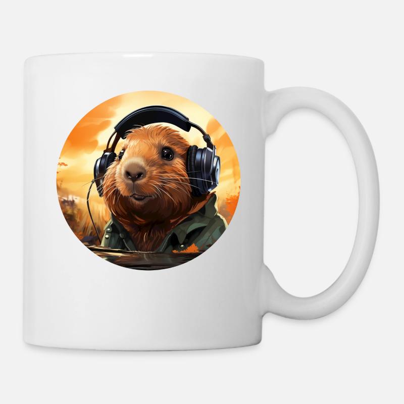 Lustiges Capybara, Wasserschwein mit Kopfhörer - Tasse - Weiß