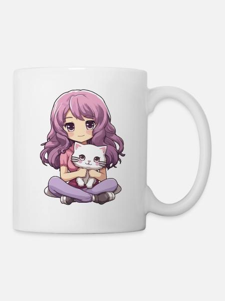 Kawaii Mädchen Anime Manga Mädchen und Katze - Tasse - Weiß