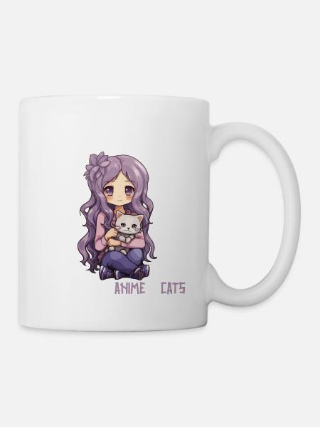 Kawaii Mädchen Anime Manga Mädchen und Katze - Tasse - Weiß