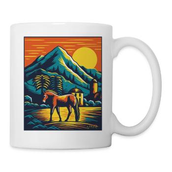 Bunter Pferdehof mit Pferd - Tasse - Weiß - Rechts