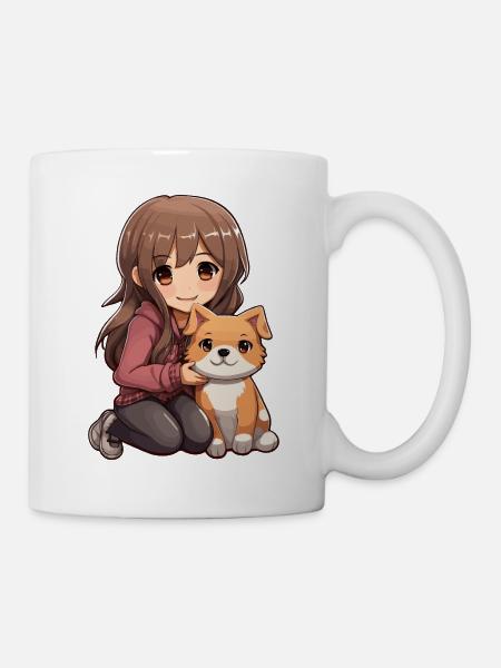 Kawaii Mädchen Anime Manga Mädchen und Hund - Tasse - Weiß