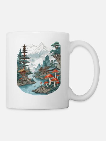 Vintage Pilzlandschaft Japan Aesthetic Design - Tasse - Weiß