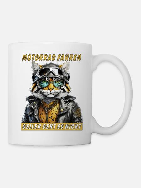 KATZE LEDERJACKE MOTORRAD FAHREN - Tasse - Weiß