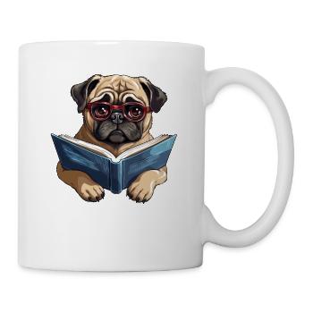 Lesender Mops – Der gebildete Hund mit Buch und - Tasse - Weiß - Rechts