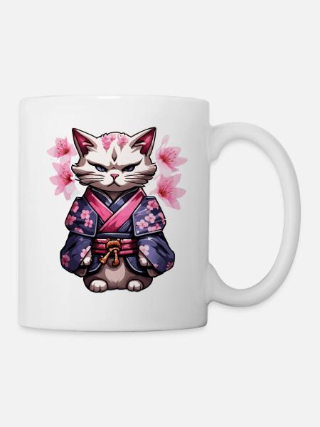 Chat samouraï & fleurs de cerisier #5 - Mug blanc - blanc