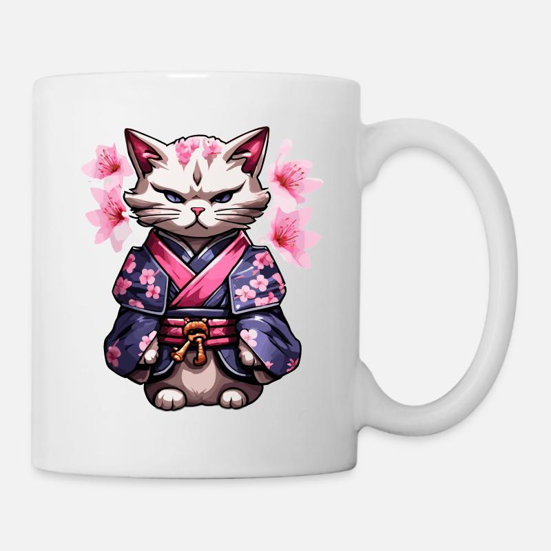 Chat samouraï & fleurs de cerisier #5 - Mug blanc - blanc