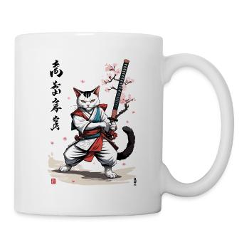 Samurai Katze mit Katana Kirschblüten Vintage Stil - Tasse - Weiß - Rechts
