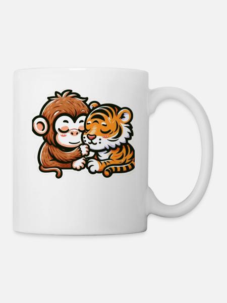 Cuddling Monkey And Tiger In Love - Tasse - Weiß