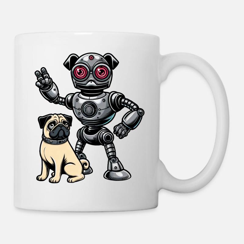 Mops Roboter und Herrchen Freunde - Tasse - Weiß