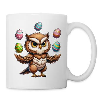 Comic Eule Jongliert mit Osterei Ostern Ei - Tasse - Weiß - Rechts