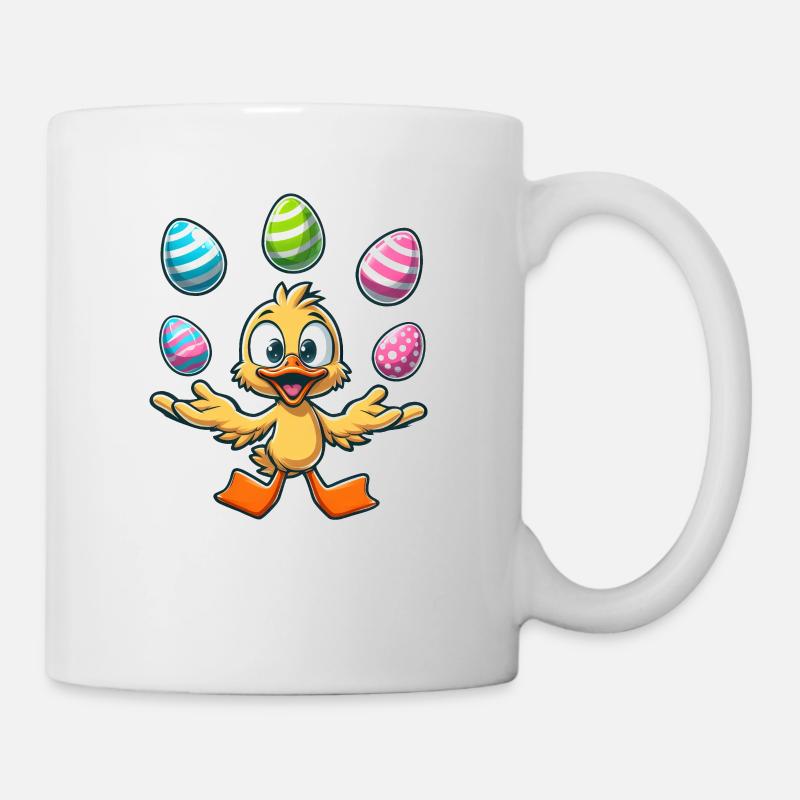Süße Comic Ente Jongliert mit drei Ostereiern - Tasse - Weiß