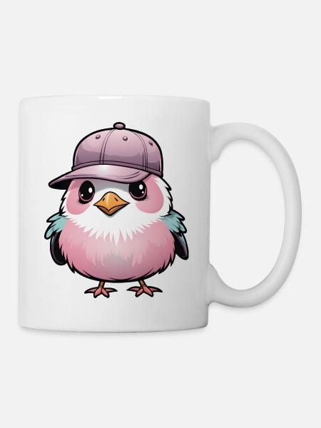 Oiseau rose mignon avec casquette de Baseball - Mug blanc - blanc