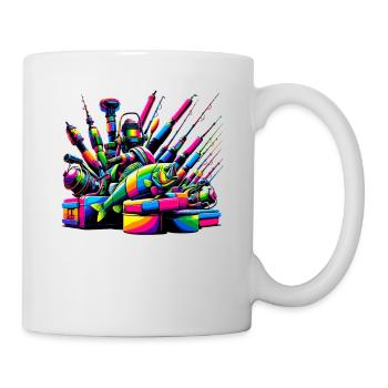 Bunte Pop Art Eisfischen Fisch Fischer Angler - Tasse - Weiß - Rechts