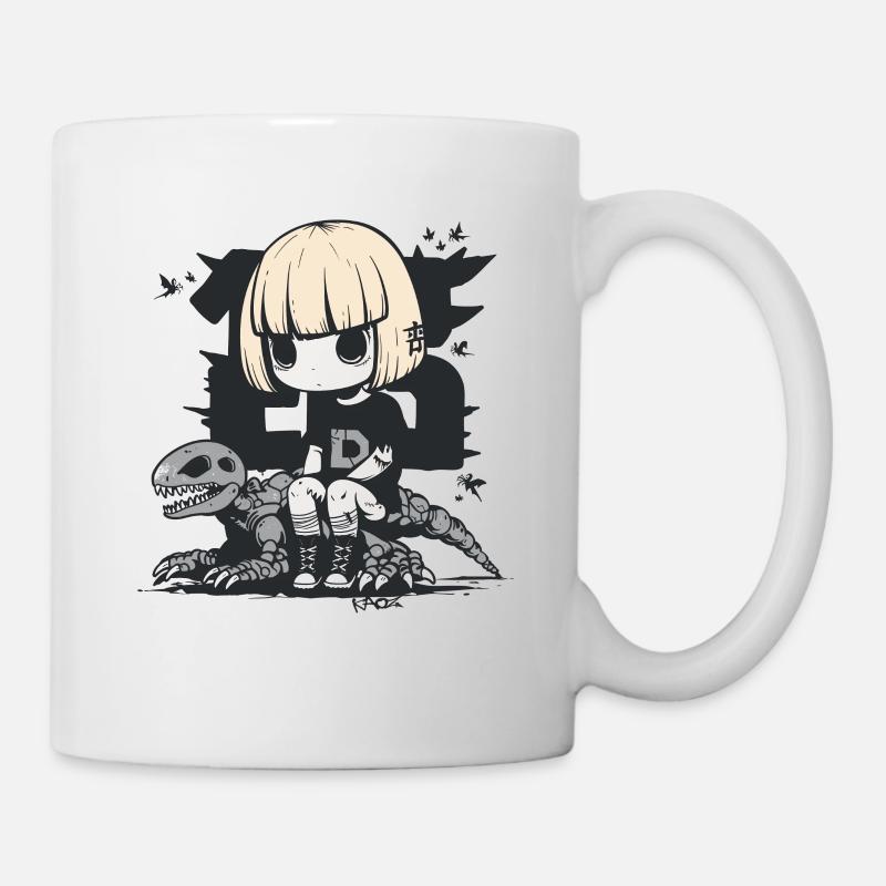 Anime-Goth-Geister Mädchen sitzt auf Dino-Skelett - Tasse - Weiß
