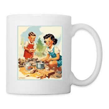 50s kids preparing food while camping - Mug - white - Right