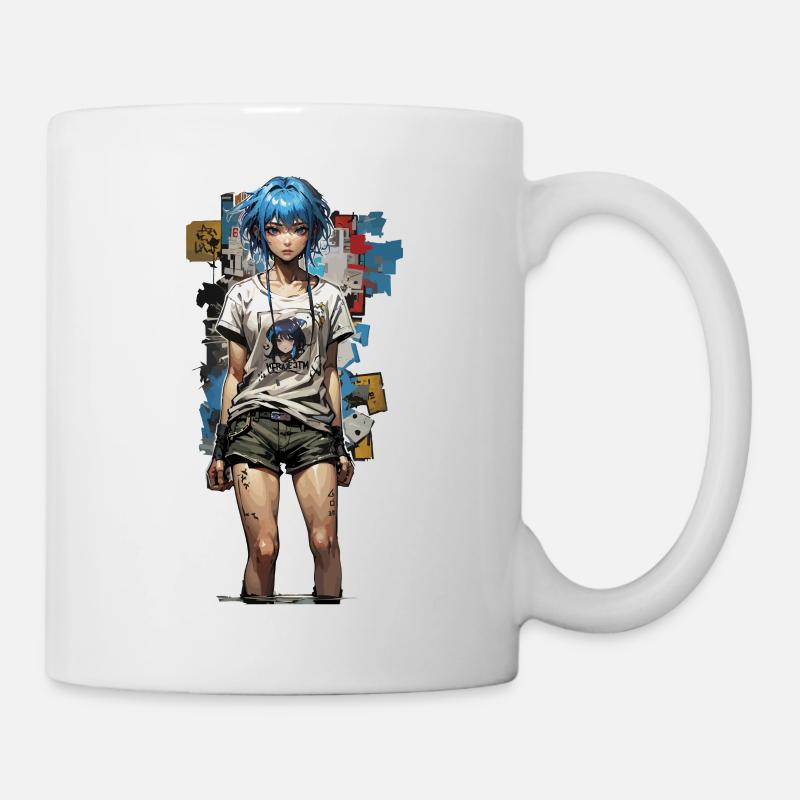 Anime Streetstyle Design Mit Blauer Haar - Tasse - Weiß
