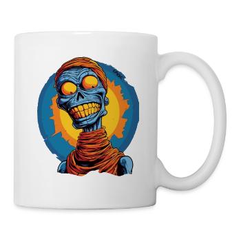 Blau und lustig, Skelett-Totenkopf-Mumie - Tasse - Weiß - Rechts