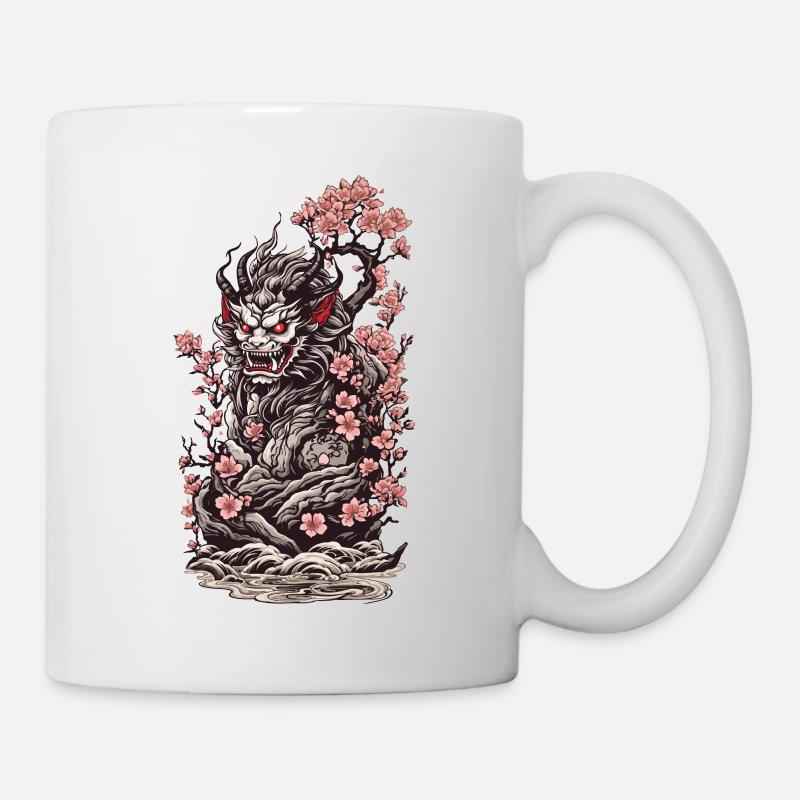 Fleur de cerisier Yokai Oni Ukiyo-E Esthétique - Mug blanc - blanc