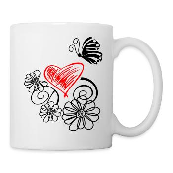 Blume mit Herz und Schmetterling - Tasse - Weiß - Rechts