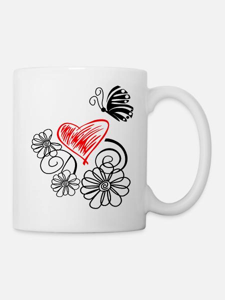 Blume mit Herz und Schmetterling - Tasse - Weiß