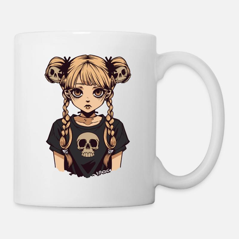 Anime Emo Mädchen mit Zöpfen und Totenköpfen - Tasse - Weiß