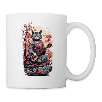 Katze mit Shamisen Vintage Japan Yokai Kunst - Tasse - Weiß - Rechts