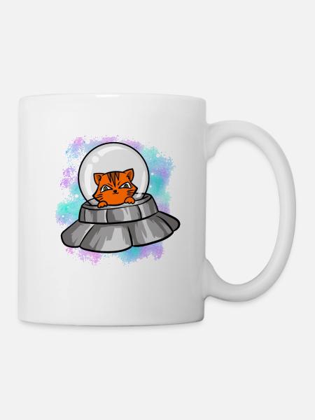 Alien UFO Cat T-paita Söpö kissan ulkomaalainen - Muki - valkoinen
