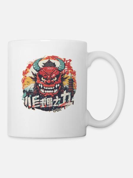 City, Temple and Silly Japanese Oni Mask - Mug - white