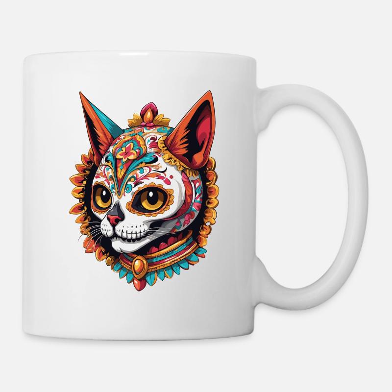 Katze Mexiko Zuckerschädel Dia De Muertos Design - Tasse - Weiß