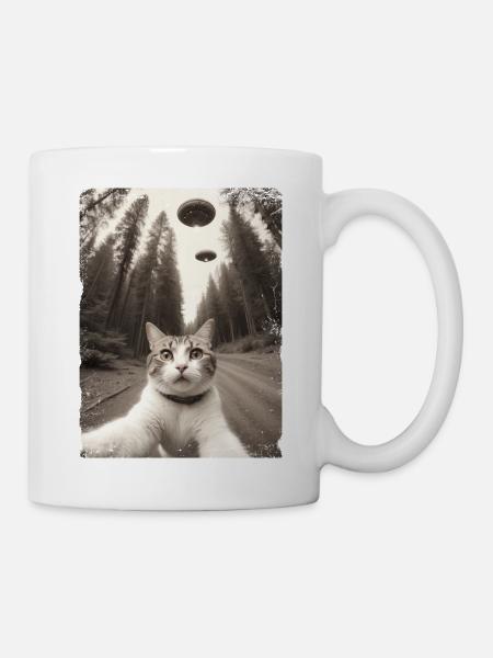 Katzen Selfie Mit Außerirdischem Raumschiff - Tasse - Weiß