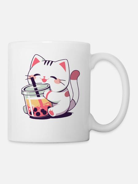 Chat buvant du thé à bulles Boba et chats Anime - Mug blanc - blanc