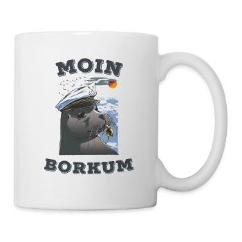 Borkum Robbe mit Spruch Moin Nordsee Insel Watt - Tasse - Weiß - Rechts