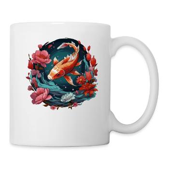 Vintage 80er Retro Japanisch Asiatisch Koi Karpfen - Tasse - Weiß - Rechts
