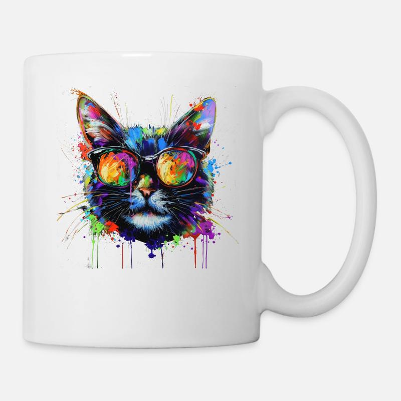 Lunettes de soleil cool, chat recouvert de peinture arc-en-ciel - Mug blanc - blanc