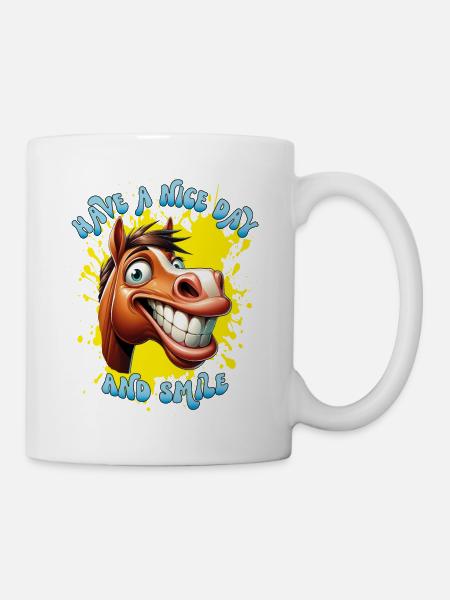 Fröhliches Cartoon-Pferd mit großem Lächeln. - Tasse - Weiß