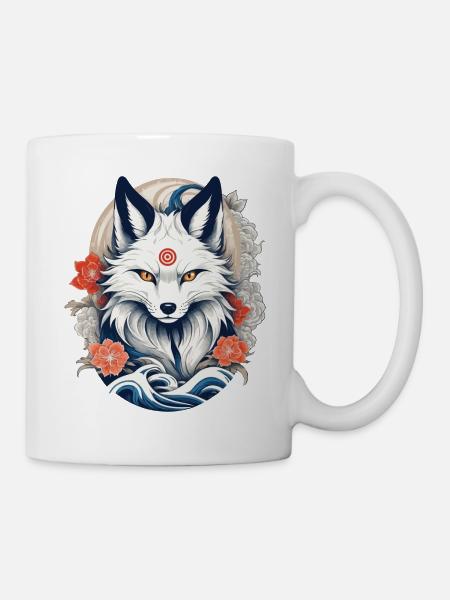 Weißer Kitsune Fuchs Japanische Kirschblüten - Tasse - Weiß