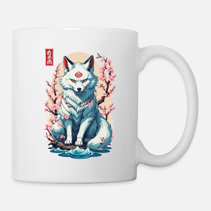 Kitsune Maske und Kirschblüten Aesthetic Design - Tasse - Weiß