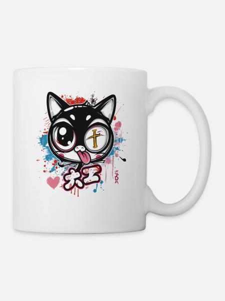 Die verrückte, lustige, schräge Cartoon-Katze - Tasse - Weiß