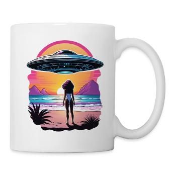 Woman is looking at UFO at the beach. - Mug - white - Right