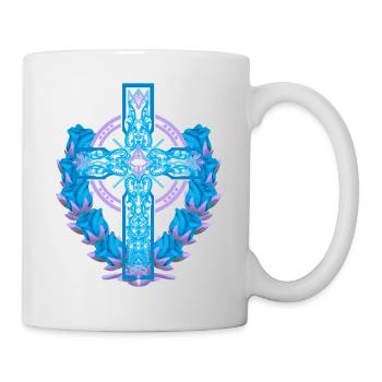 Kreuz Kreuze Kruzifix Rosen Blüten Jesus Gott - Tasse - Weiß - Rechts