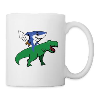 Shark Riding T-Rex T-Shirt Hai mit Schwert Dino - Tasse - Weiß - Rechts