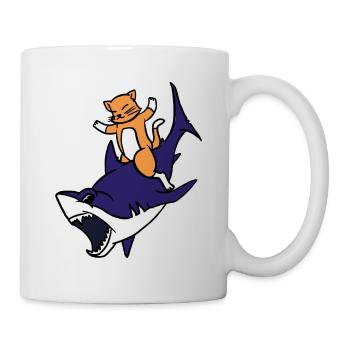 Chaton chevauchant un requin Drôle Chat mignon Jeu de mots graphique - Mug blanc - blanc - Droite