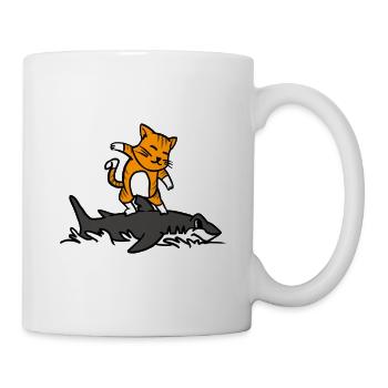 Katze Reitet Auf Einem Hai Lustige Cartoon Surfen Grafik - Tasse - Weiß - Rechts
