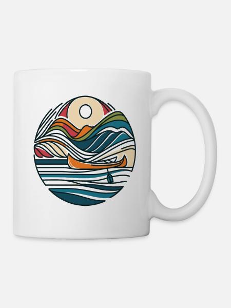 Bergabenteuer: Kanu und Berge Linienkunst - Tasse - Weiß