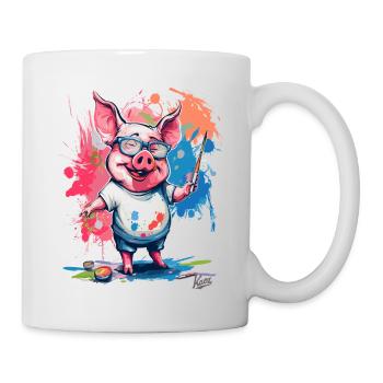 Colorful picture and a funny painter pig - Mug - white - Right