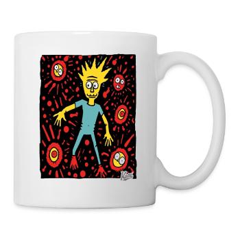 verrückte abstrakte Cartoon-Welt und ein Junge - Tasse - Weiß - Rechts