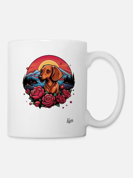 Sonnenuntergang und Dackel der Rosen: Natur-Liebe - Tasse - Weiß